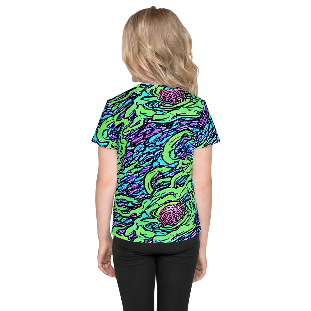 Neon Bloom Current on Kids Crew Neck T-Shirt — Back