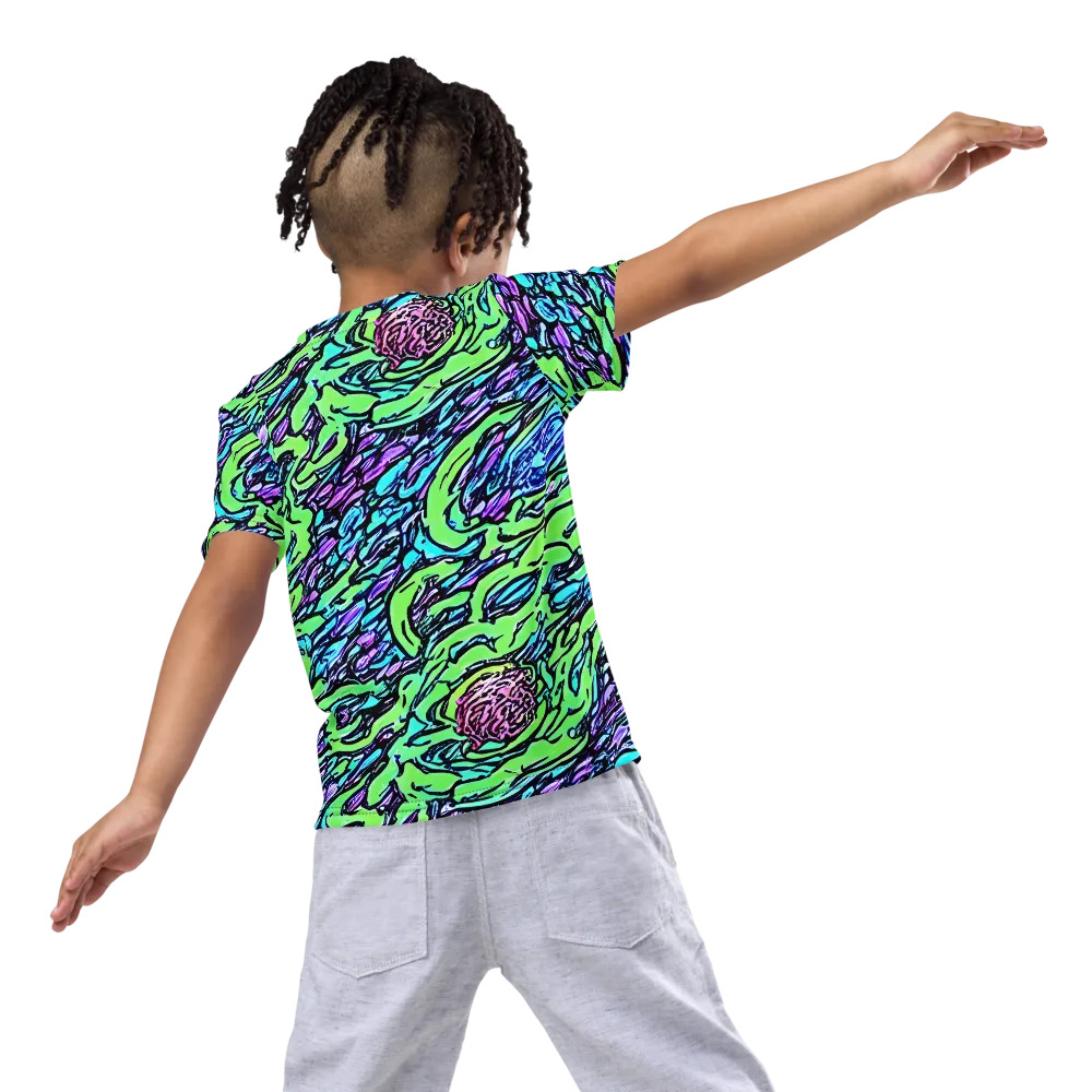 Neon Bloom Current on Kids Crew Neck T-Shirt — Back