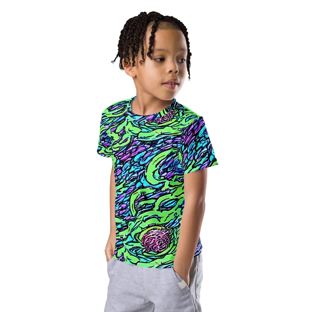 Neon Bloom Current on Kids Crew Neck T-Shirt — Left Front
