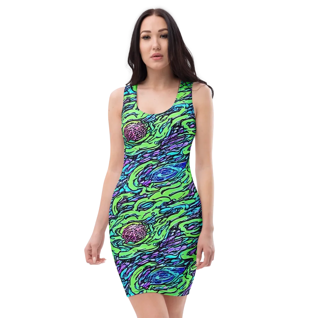 Neon Bloom Current on Bodycon Dress — Front