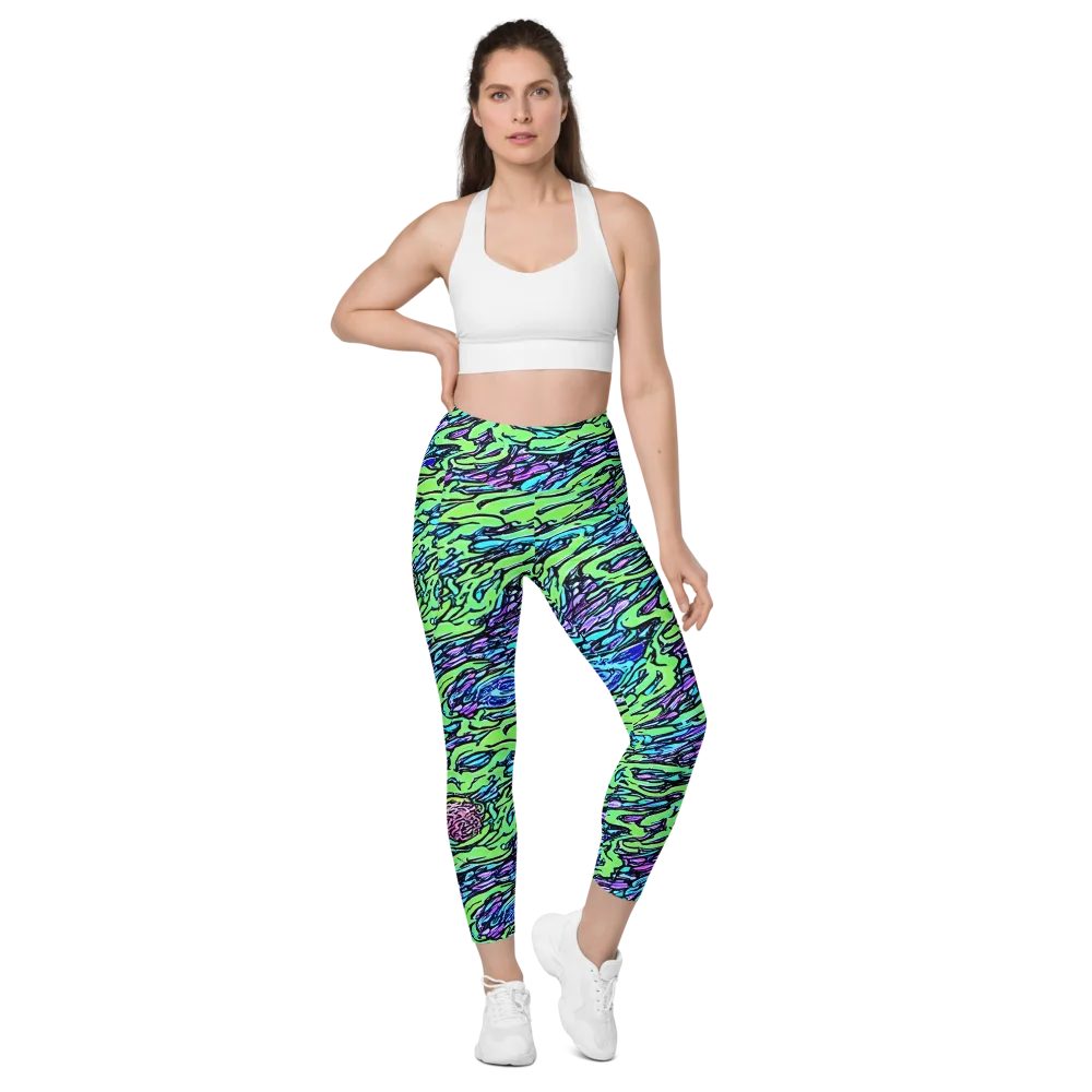 Neon Bloom Current on Leggings with Pockets — Front