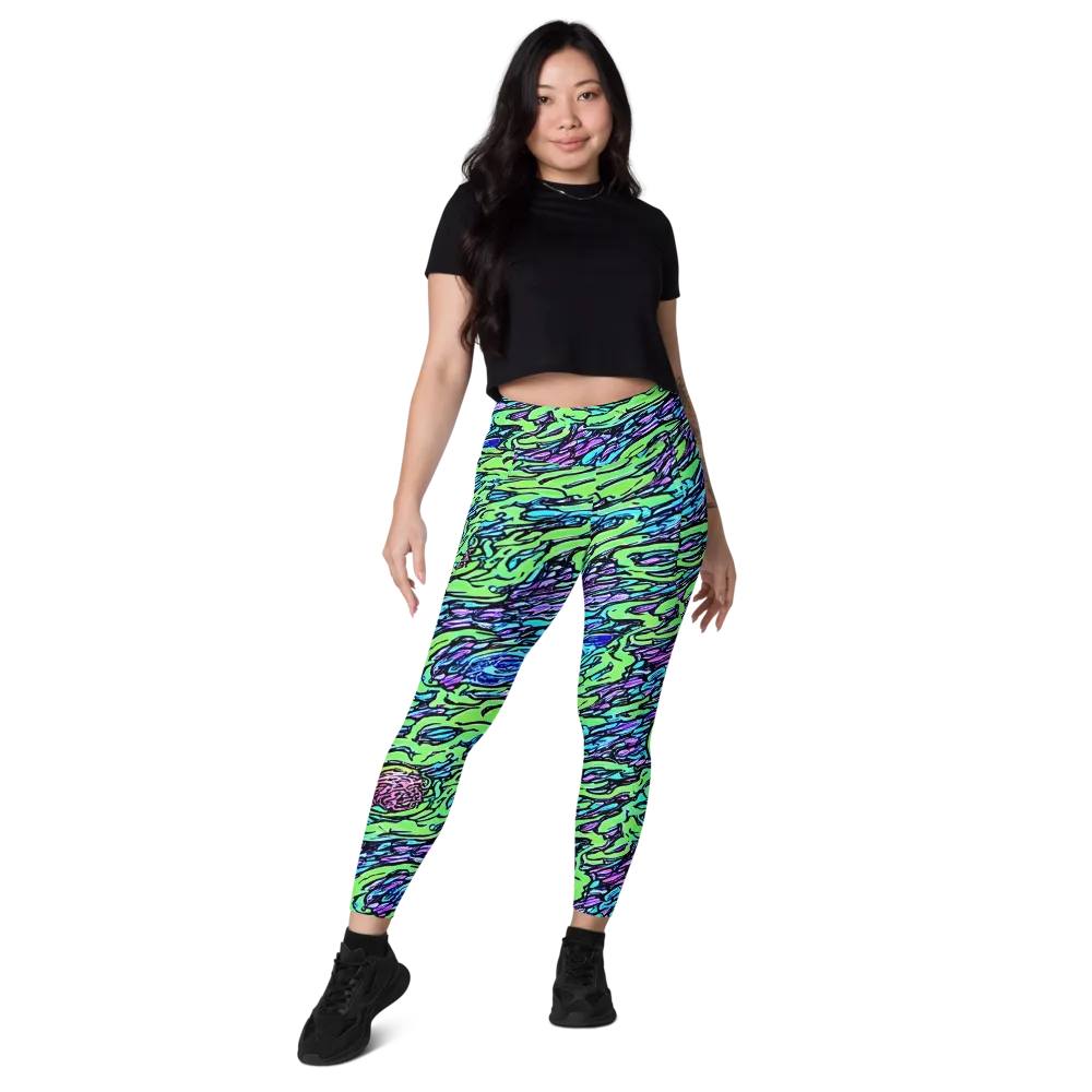 Neon Bloom Current on Leggings with Pockets — Front