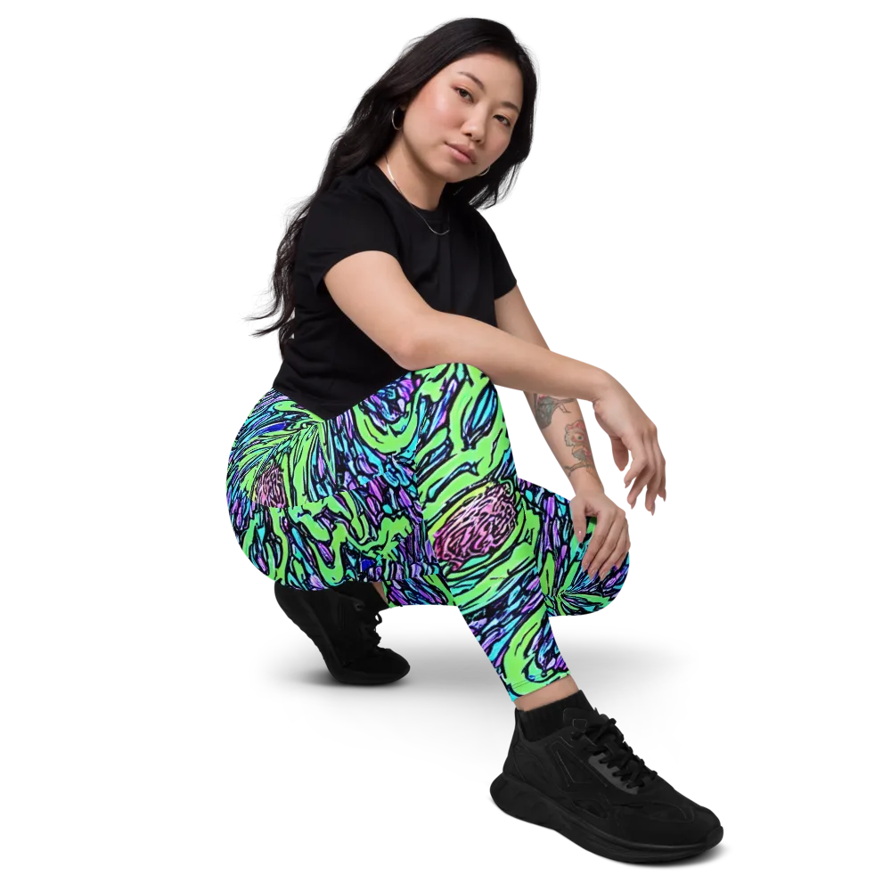 Neon Bloom Current on Leggings with Pockets — Right Front
