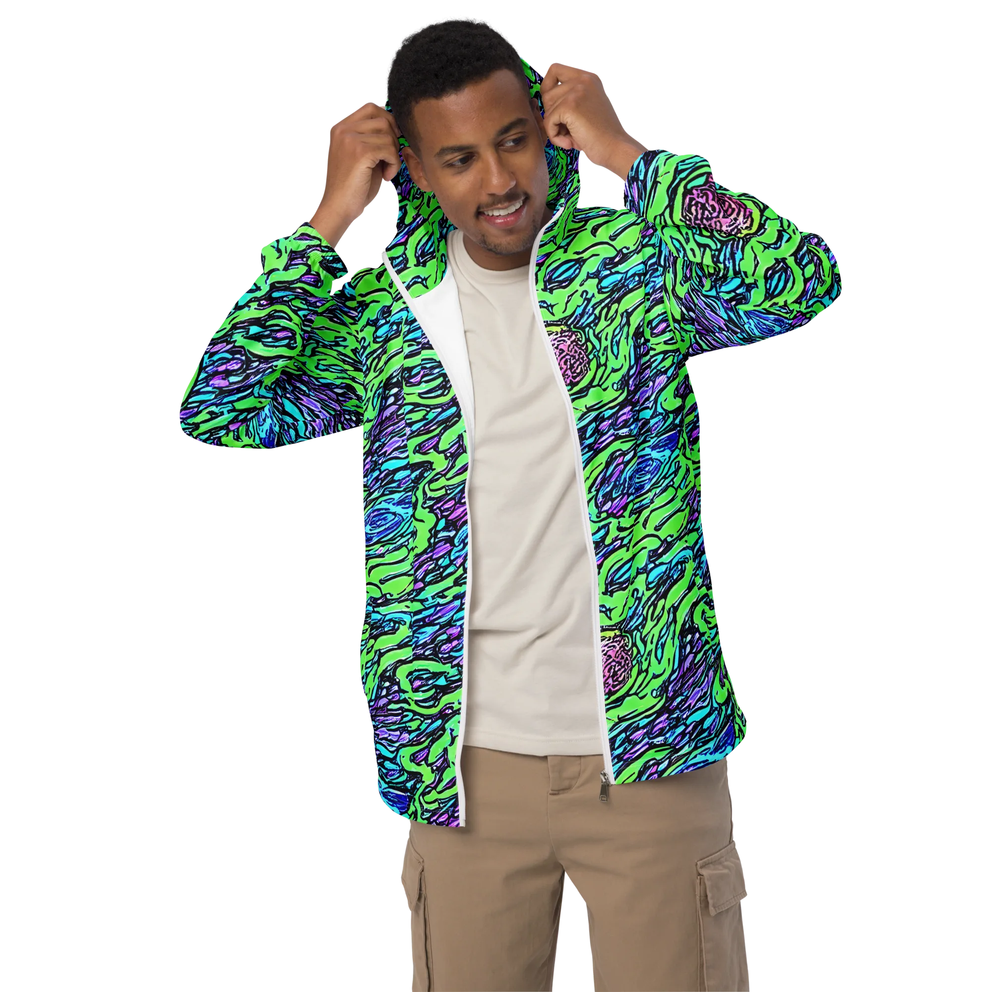 Neon Bloom Current on Men's Windbreaker — Front