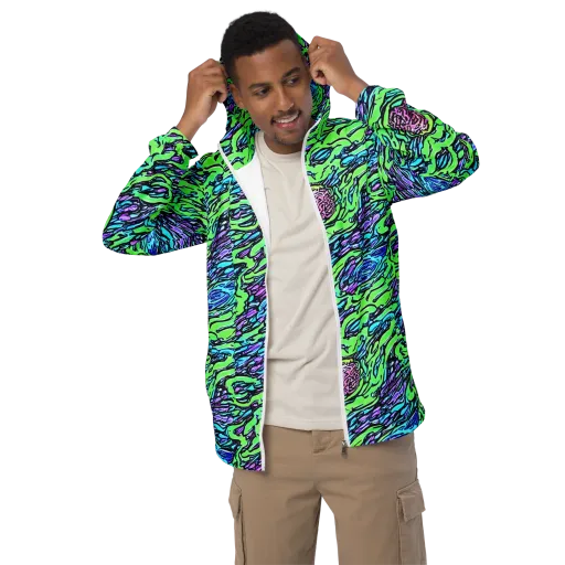 Neon Bloom Current on a Men's Windbreaker