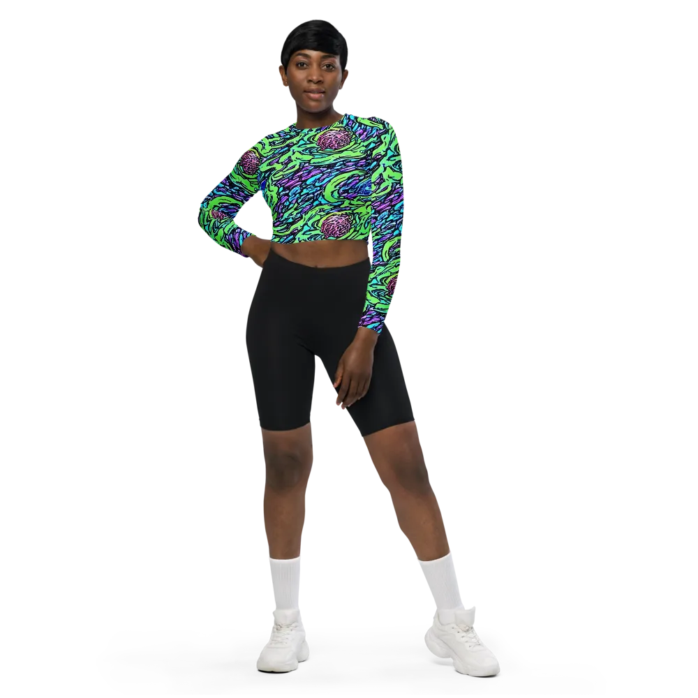 Neon Bloom Current on Long Sleeve Crop Top — Front