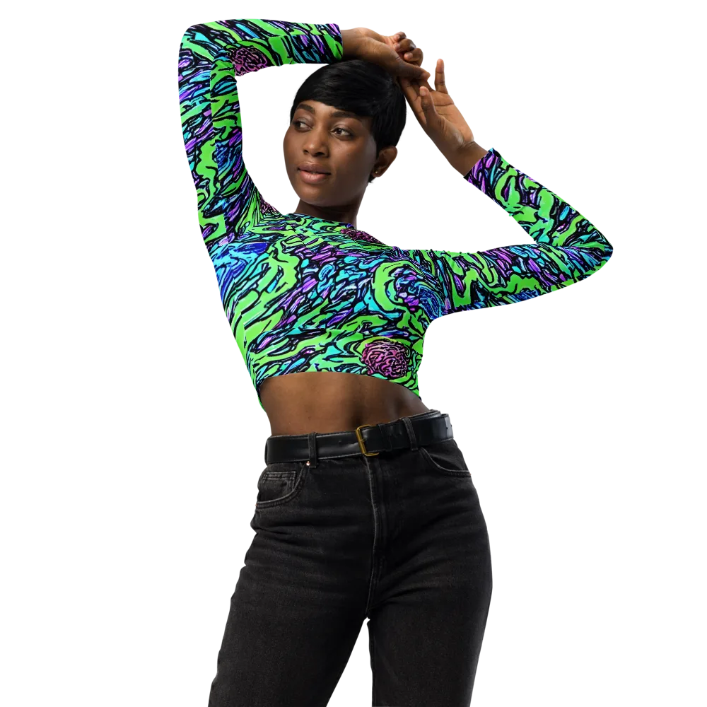 Neon Bloom Current on Long Sleeve Crop Top — Front