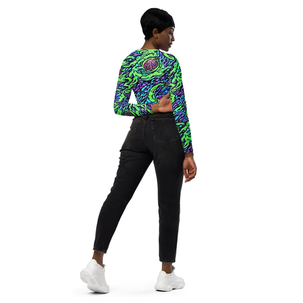 Neon Bloom Current on Long Sleeve Crop Top — Right Back