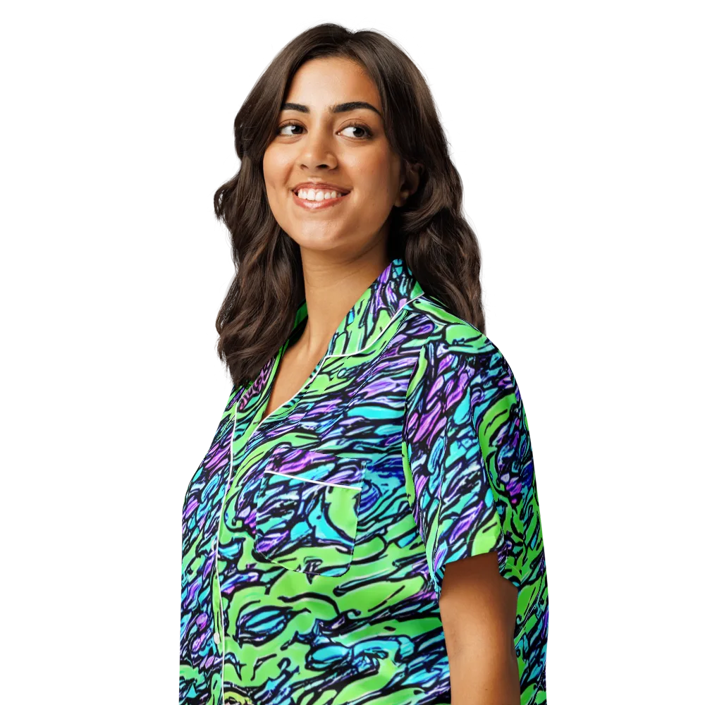 Neon Bloom Current on Women's Short Sleeve Pajama Top — Left Front