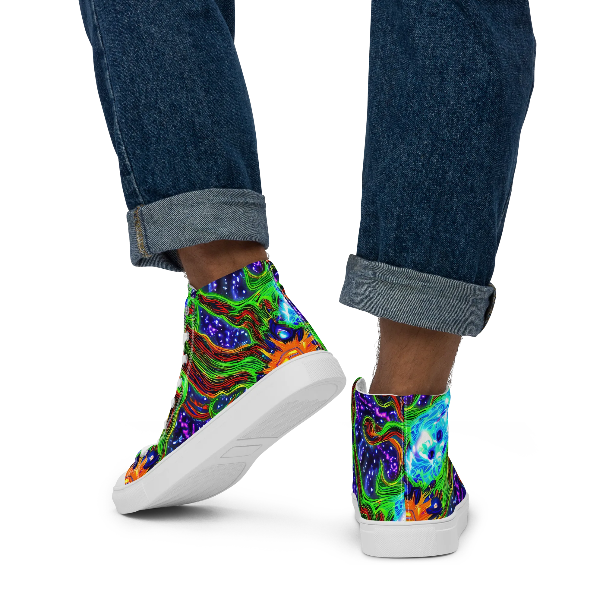 Fluorescent Eden on Men's High Top Canvas Shoes — Back