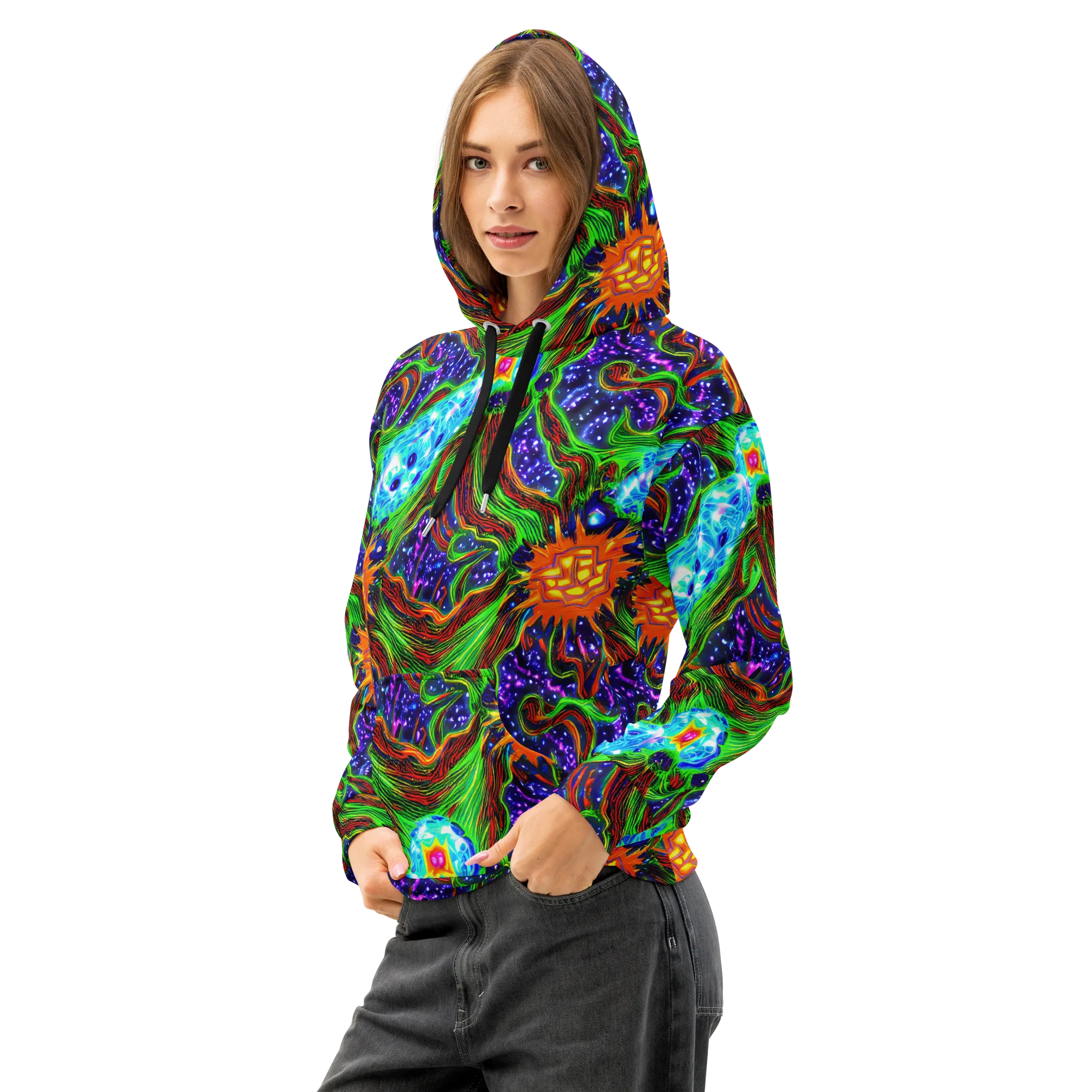 Fluorescent Eden on Cotton Hoodie — Left Front