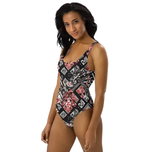 Crimson Cipher on a One-Piece Swimsuit