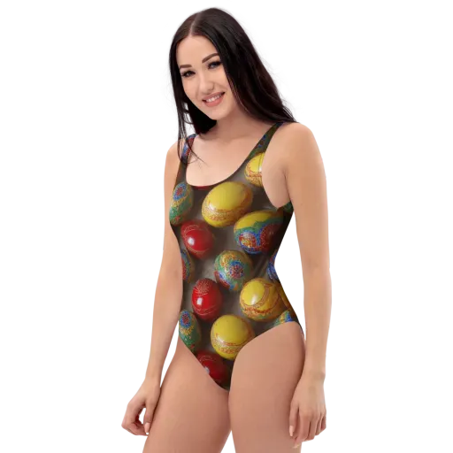 Carnival Baubles on a One-Piece Swimsuit