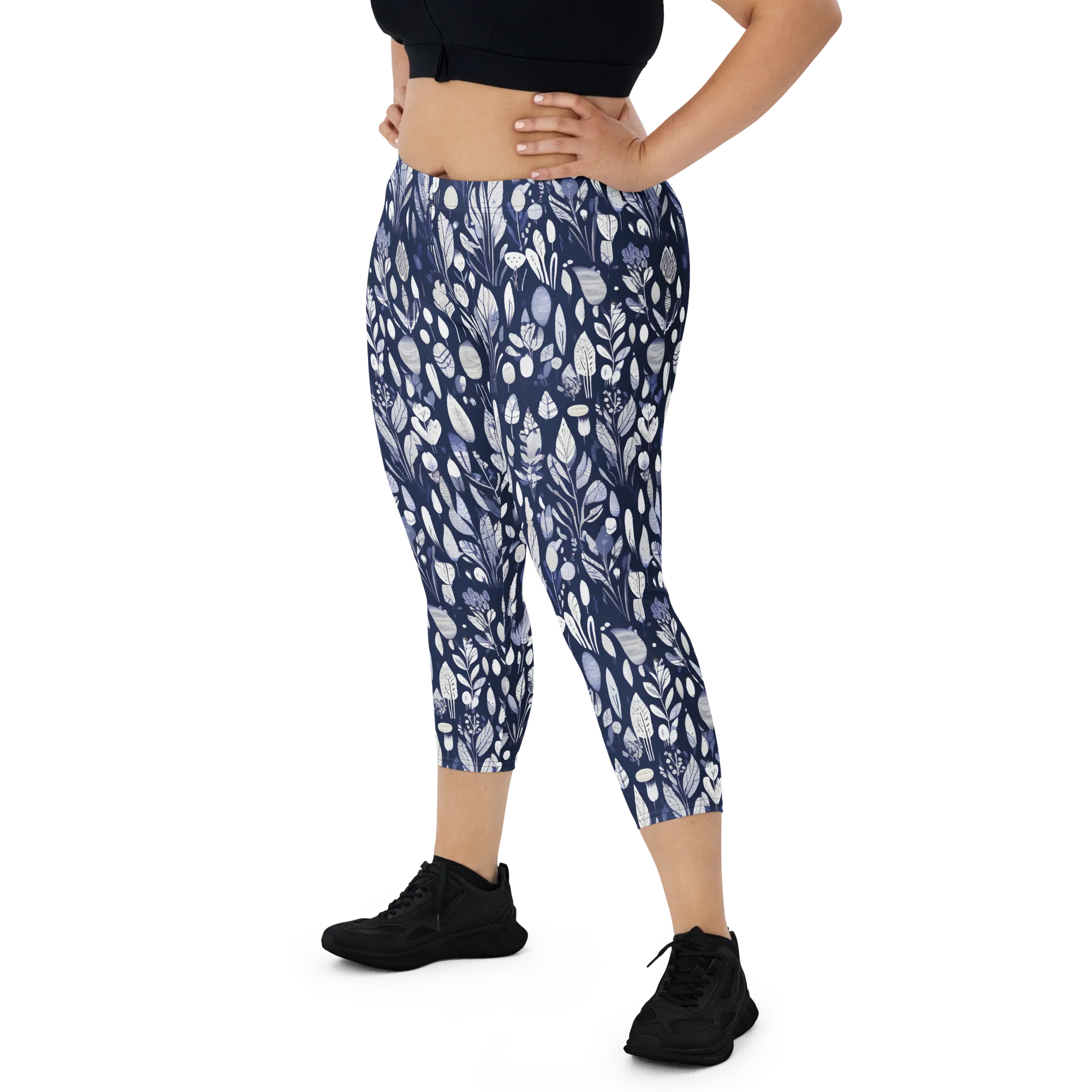 Midnight Herbarium on Capri Leggings — Front