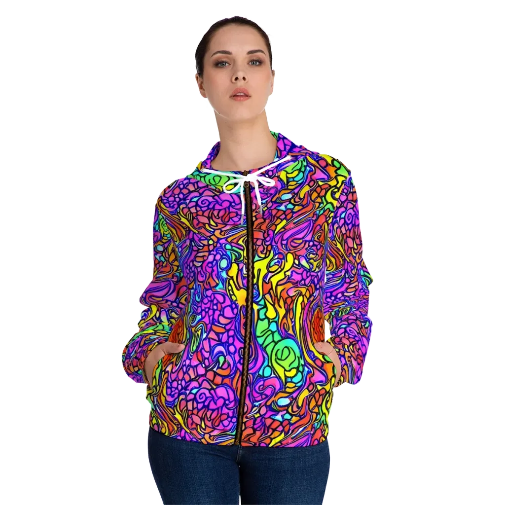 Technicolor Tangle on Women's Full-Zip Hoodie — Front On Person