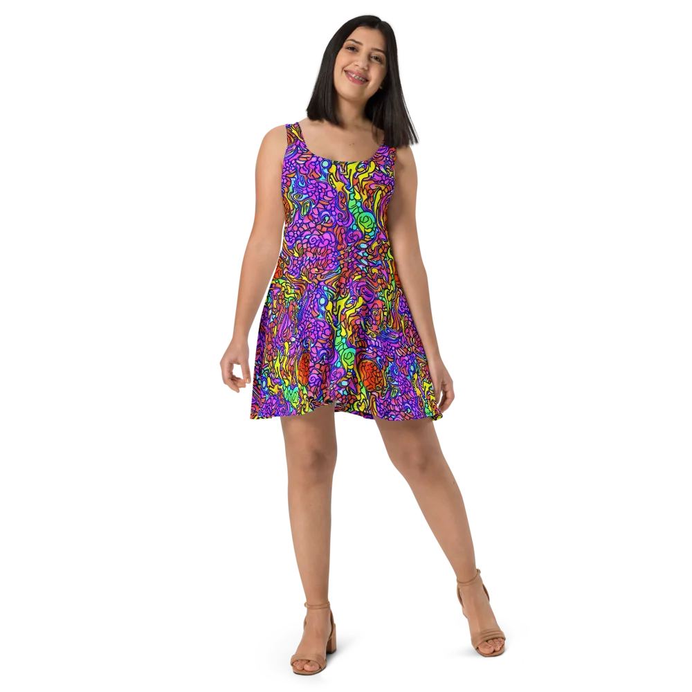 Technicolor Tangle on Skater Dress — Front
