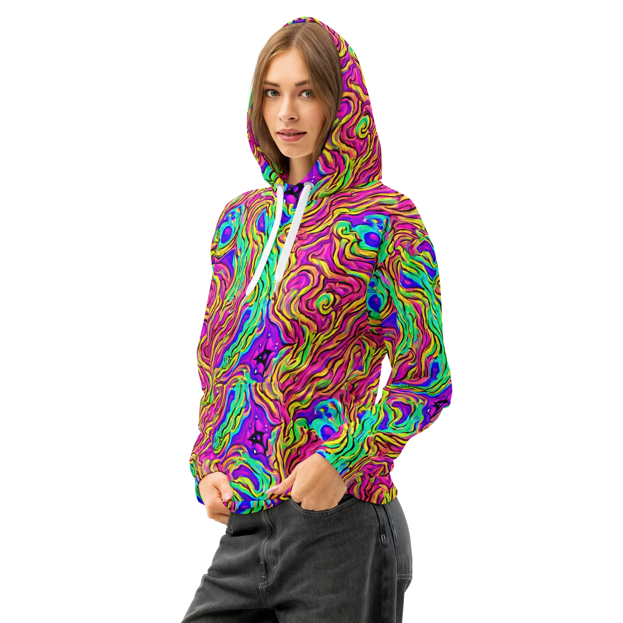 Kaleidoscope Torrent on Cotton Hoodie — Left Front