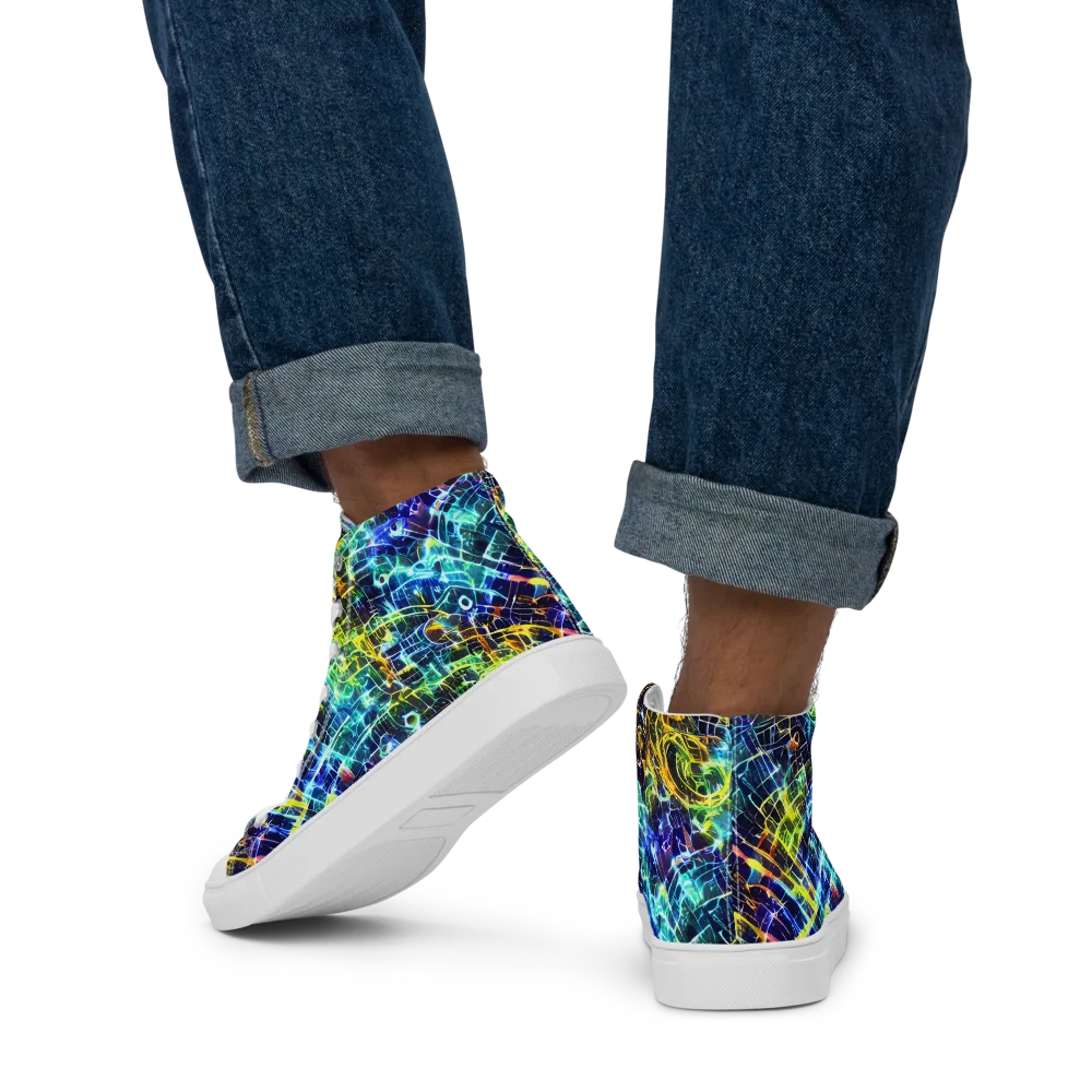 Electric Gridfall on Men's High Top Canvas Shoes — Back