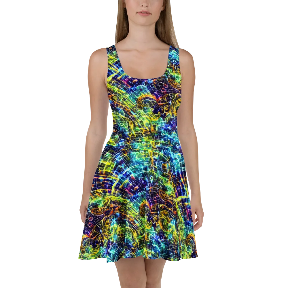 Electric Gridfall on Skater Dress — Front