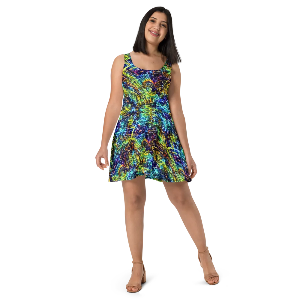 Electric Gridfall on Skater Dress — Front
