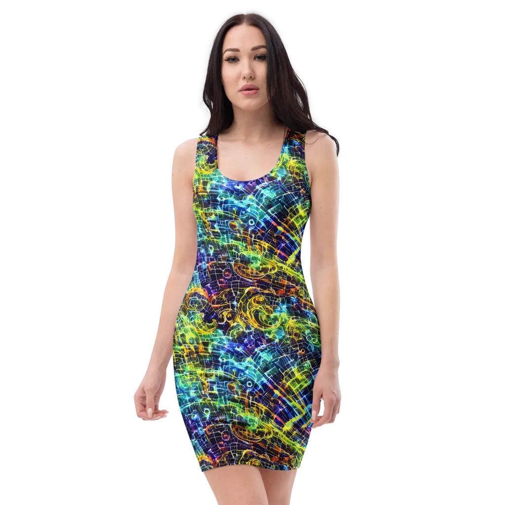 Electric Gridfall on Bodycon Dress — Front
