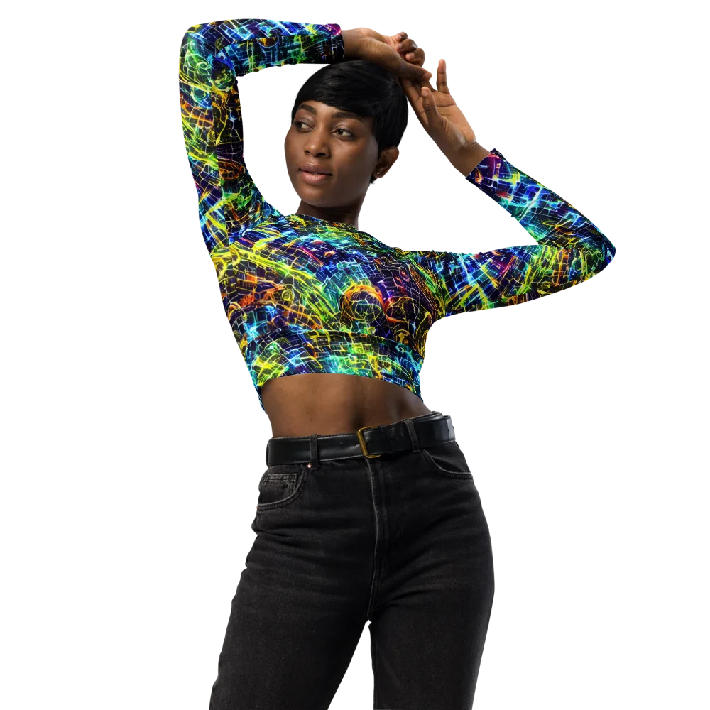 Electric Gridfall on Long Sleeve Crop Top — Front