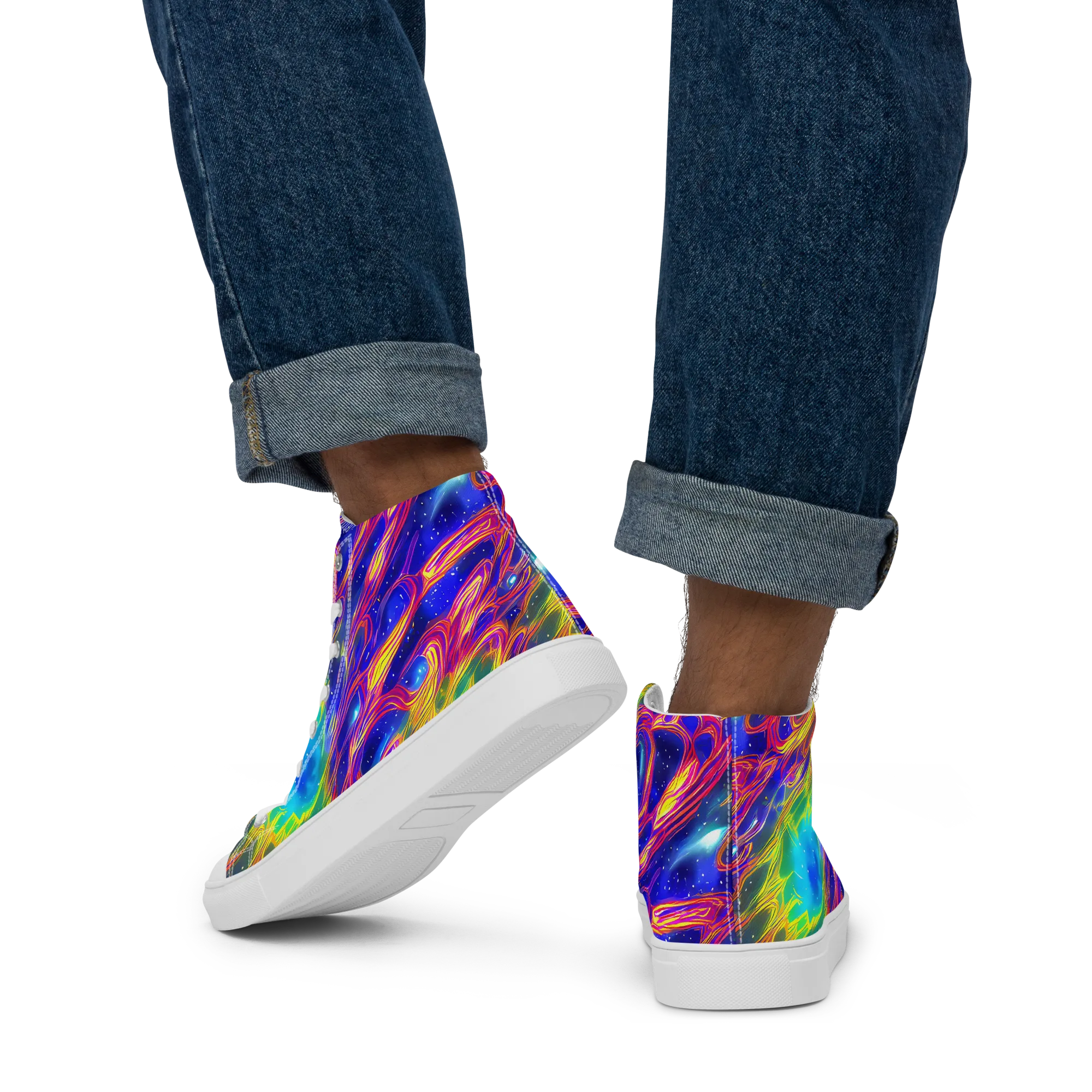 Orbiting Fever on Men's High Top Canvas Shoes — Back