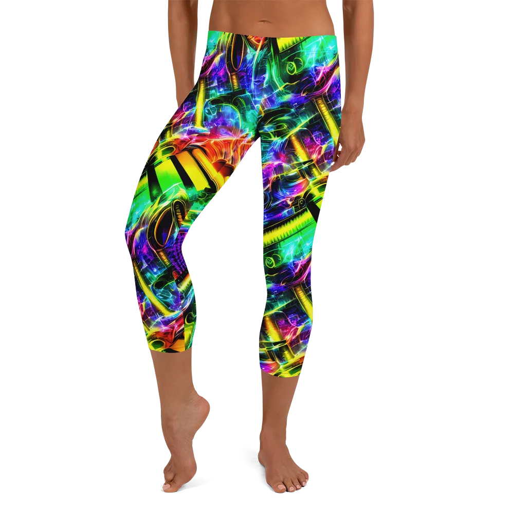 Neon Racket Riot on Capri Leggings — Front