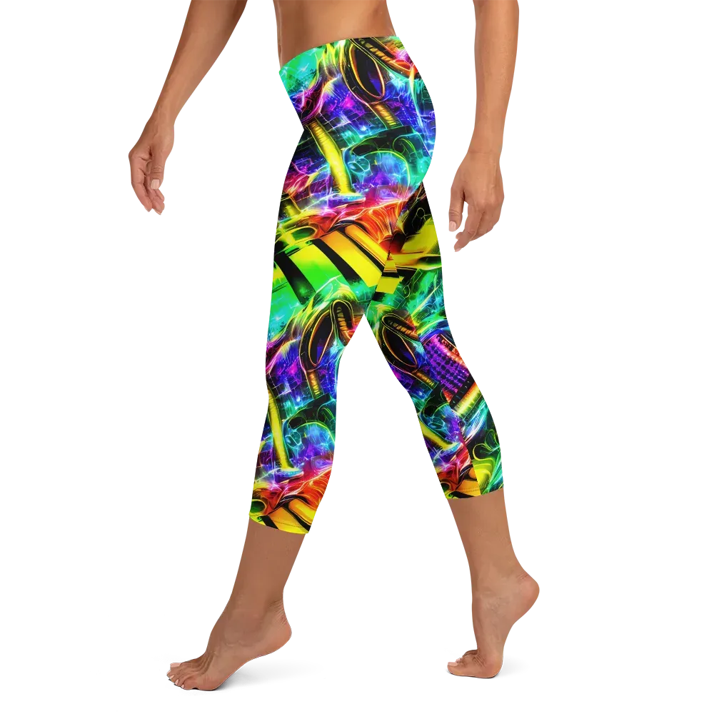 Neon Racket Riot on Capri Leggings — Left