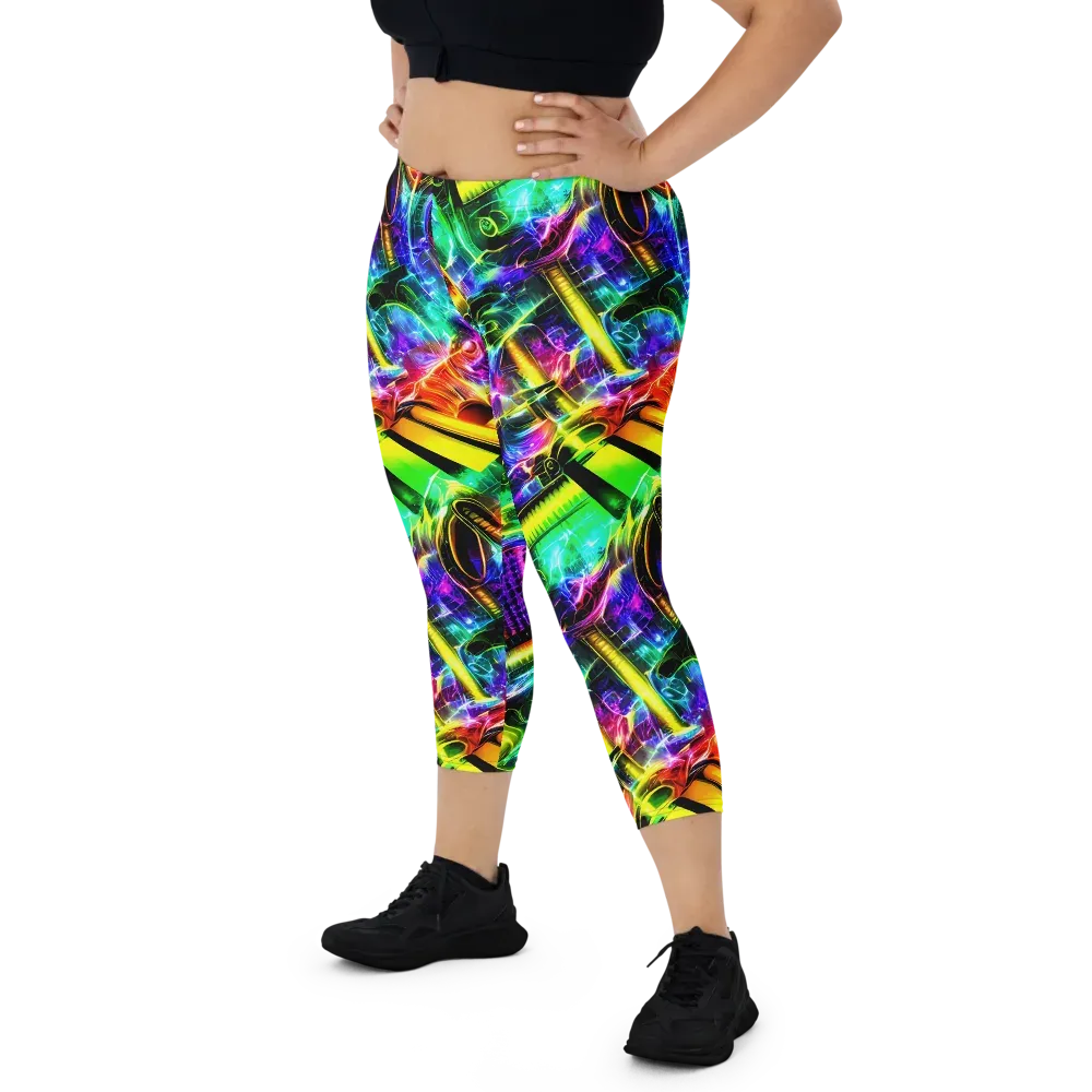 Neon Racket Riot on Capri Leggings — Front
