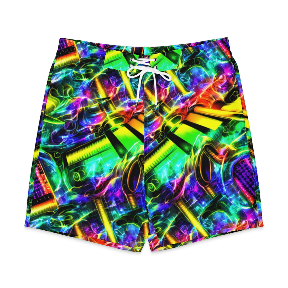 Neon Racket Riot on Men's Board Shorts — Front
