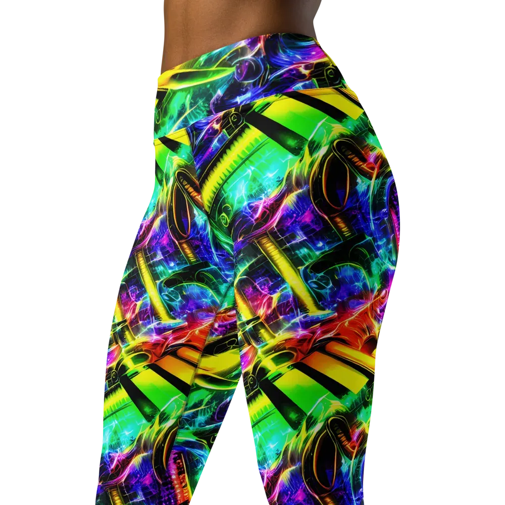 Neon Racket Riot on Yoga Leggings — Left Front