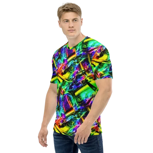 Neon Racket Riot on a Men's Crew Neck T-Shirt