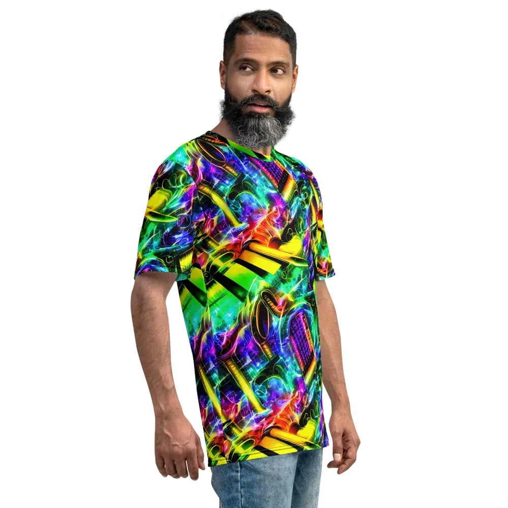 Neon Racket Riot on Men's Crew Neck T-Shirt — Right