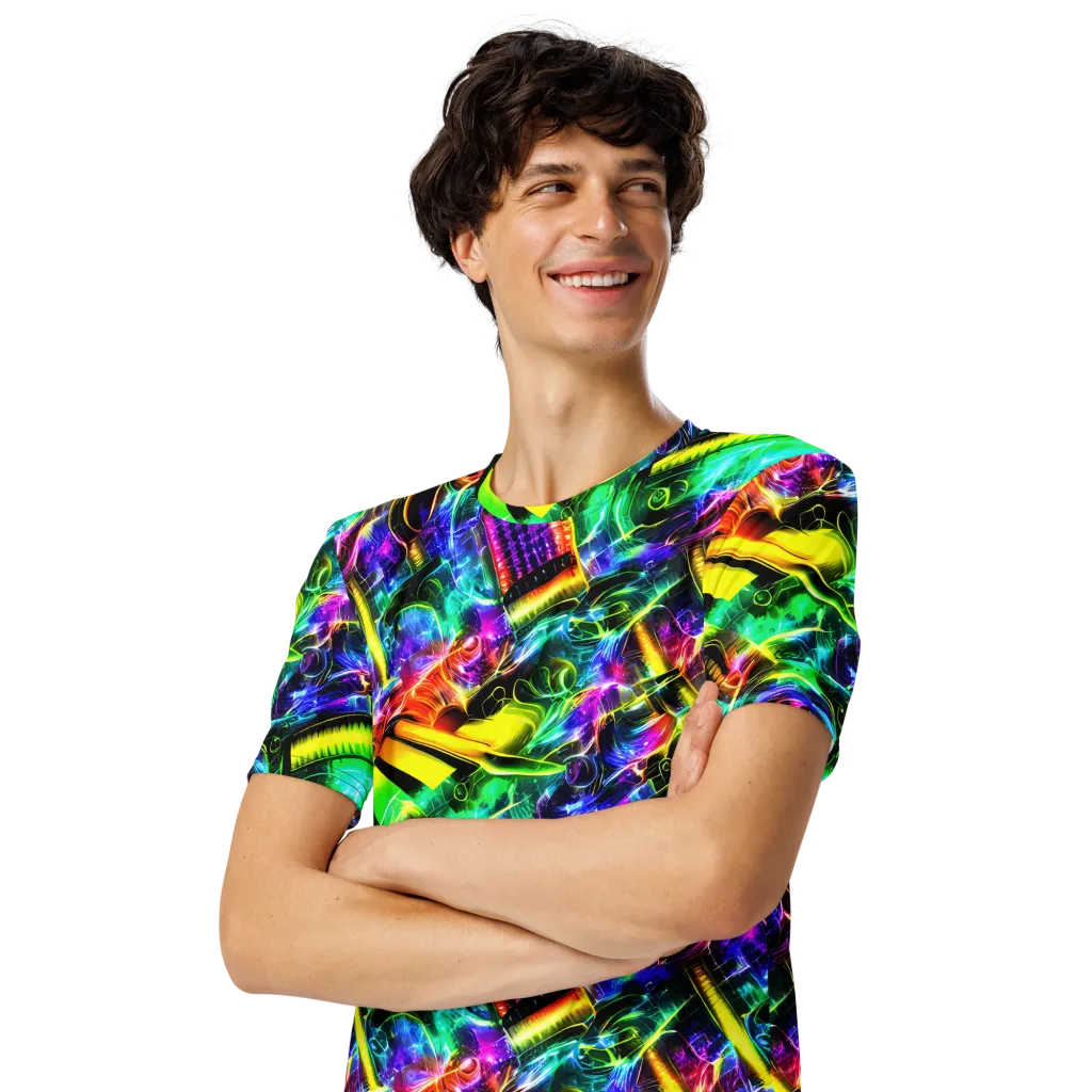 Neon Racket Riot on Men's Crew Neck T-Shirt — Left Front