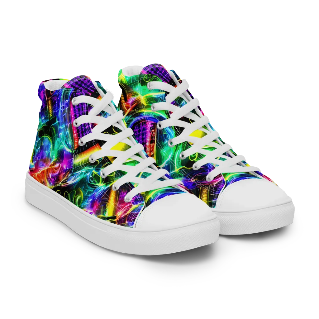 Neon Racket Riot on Men's High Top Canvas Shoes — Right Front