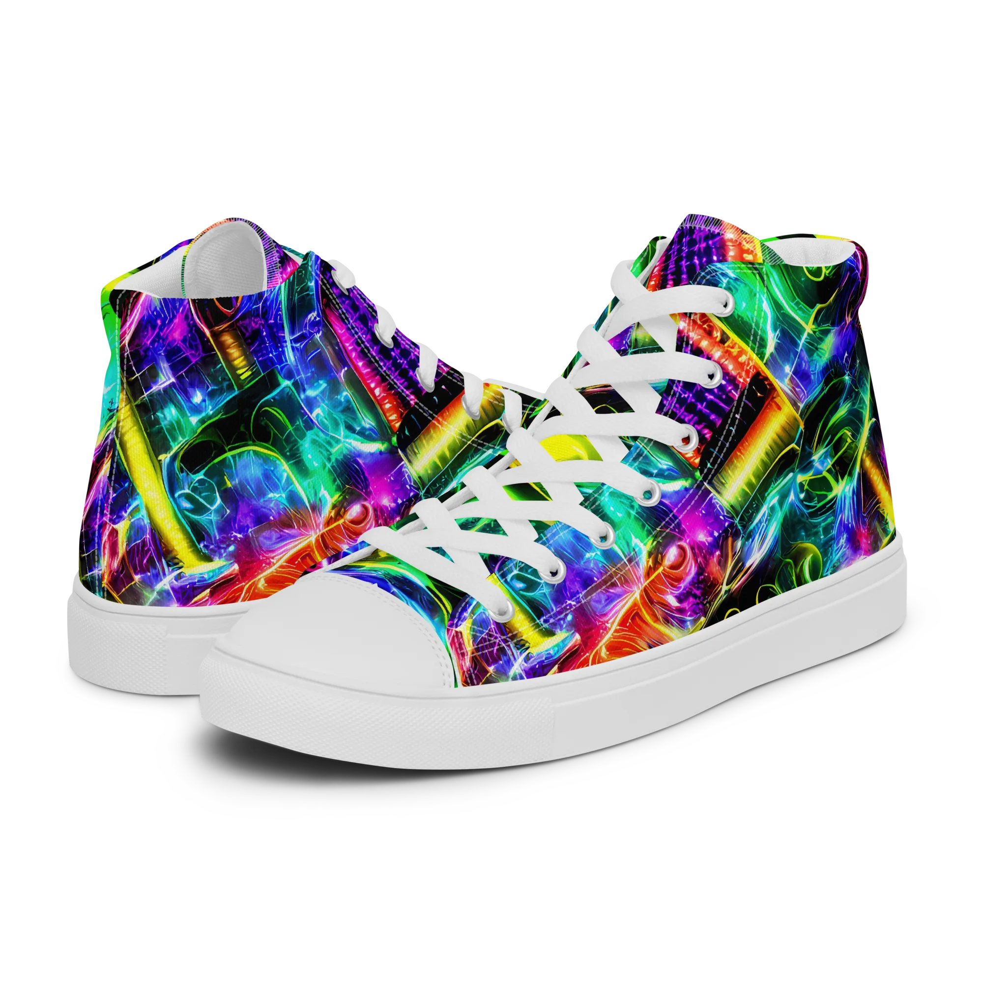 Neon Racket Riot on Men's High Top Canvas Shoes — Left