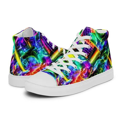 Neon Racket Riot on a Men's High Top Canvas Shoes