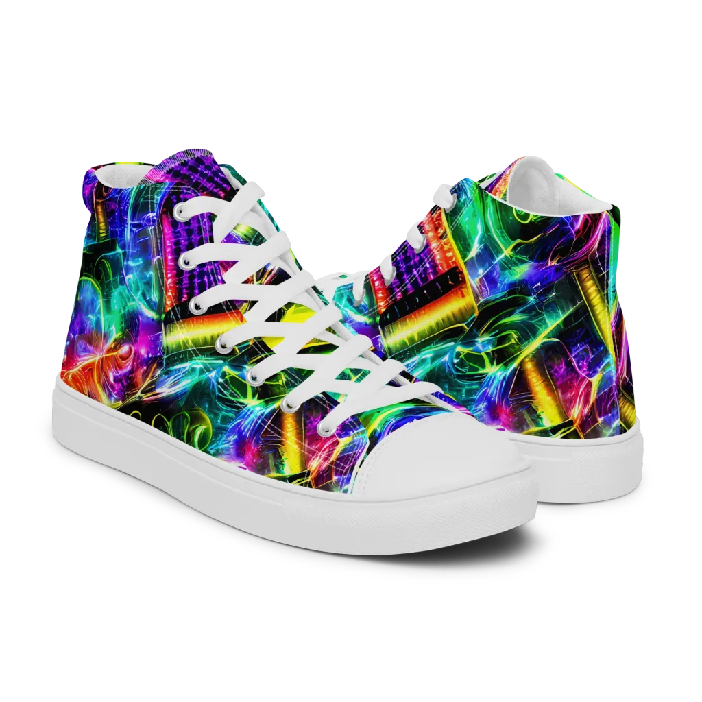 Neon Racket Riot on Men's High Top Canvas Shoes — Right
