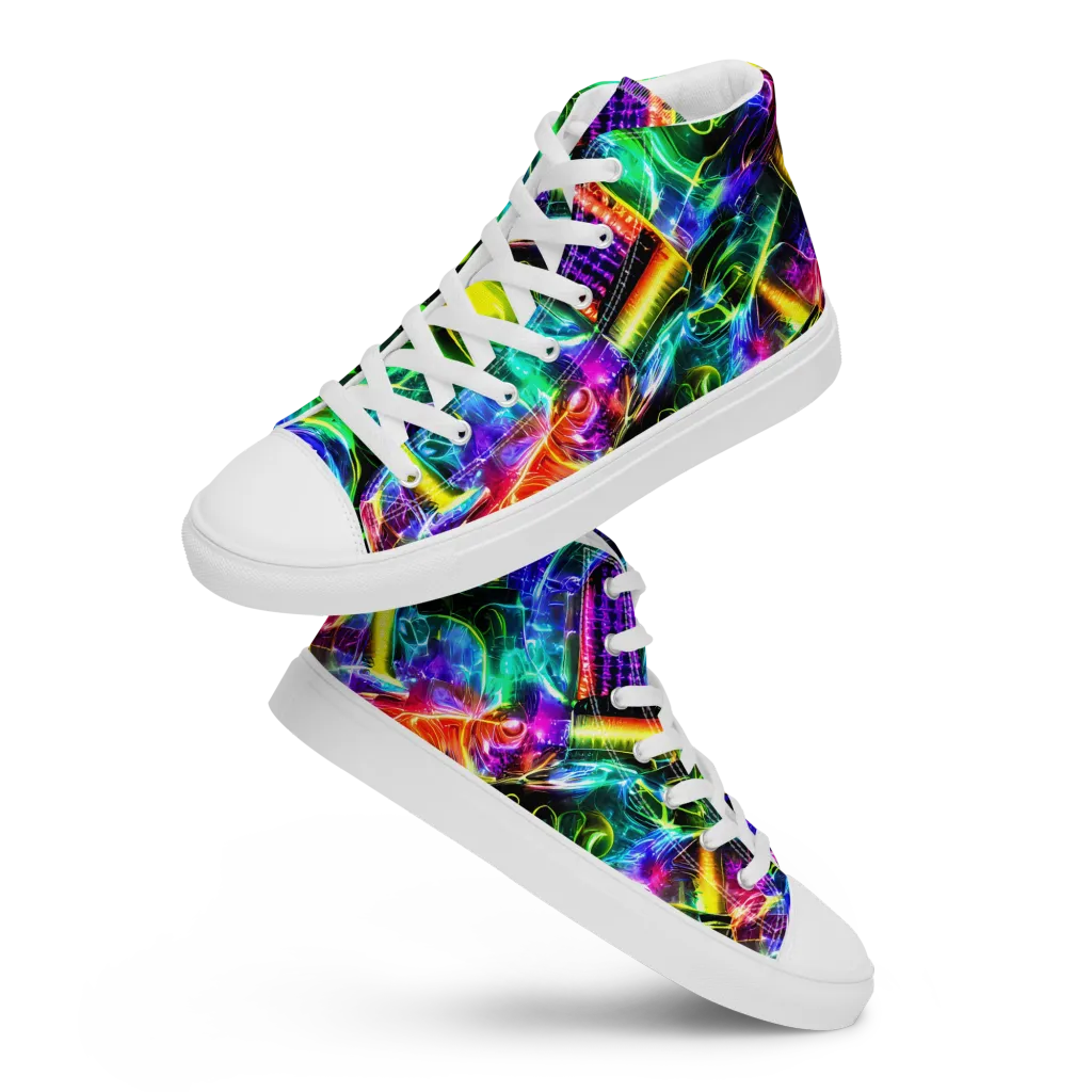 Neon Racket Riot on Men's High Top Canvas Shoes — Front