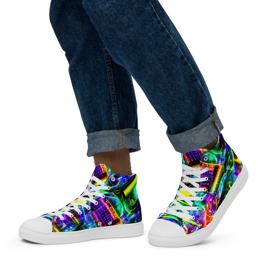 Neon Racket Riot on Men's High Top Canvas Shoes — Left