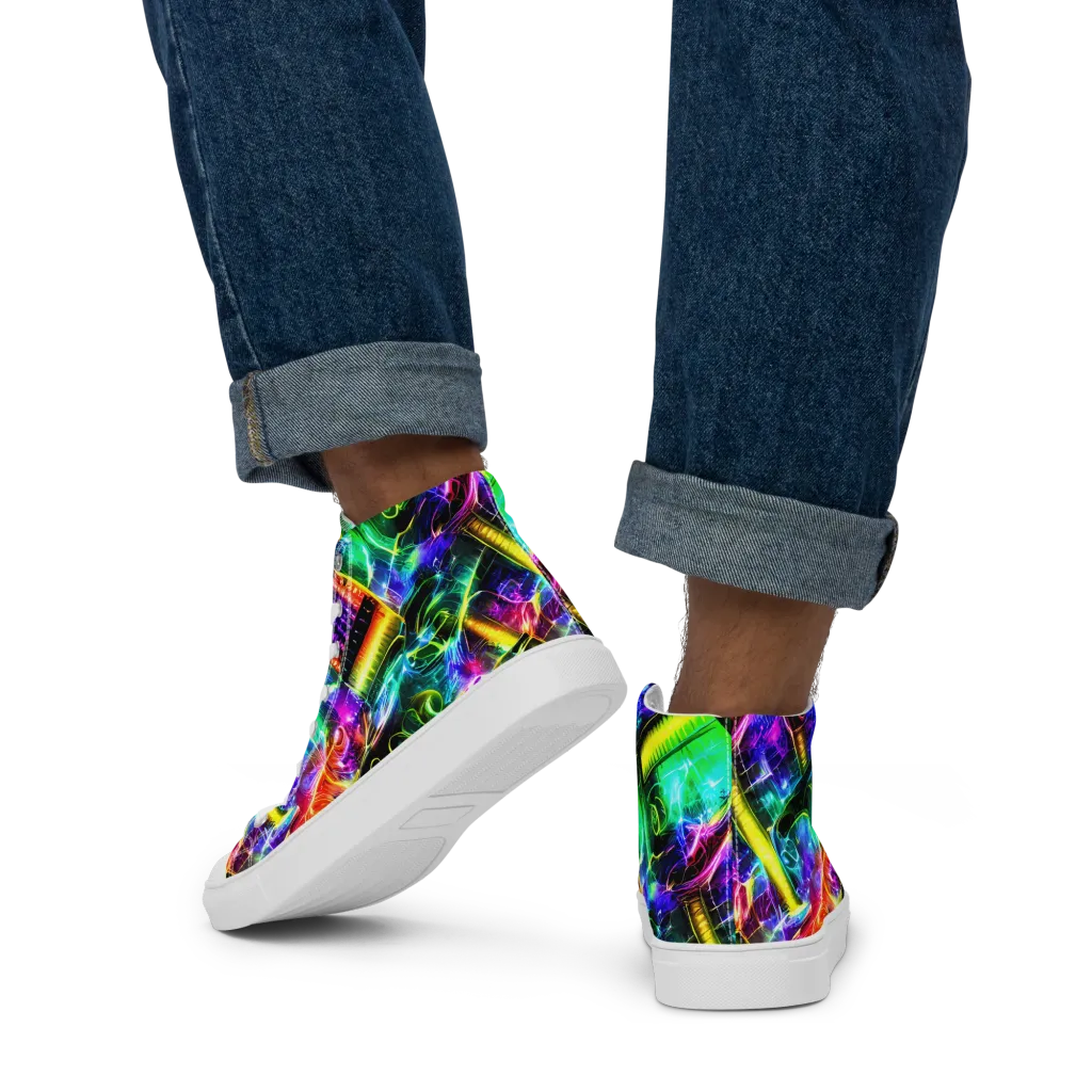 Neon Racket Riot on Men's High Top Canvas Shoes — Back