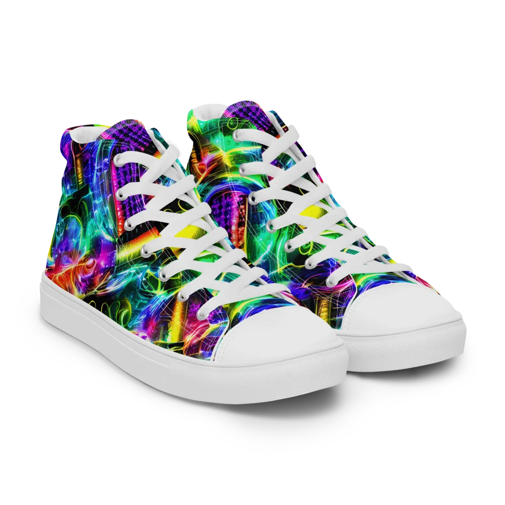 Neon Racket Riot on Women's High Top Canvas Shoes — Right Front