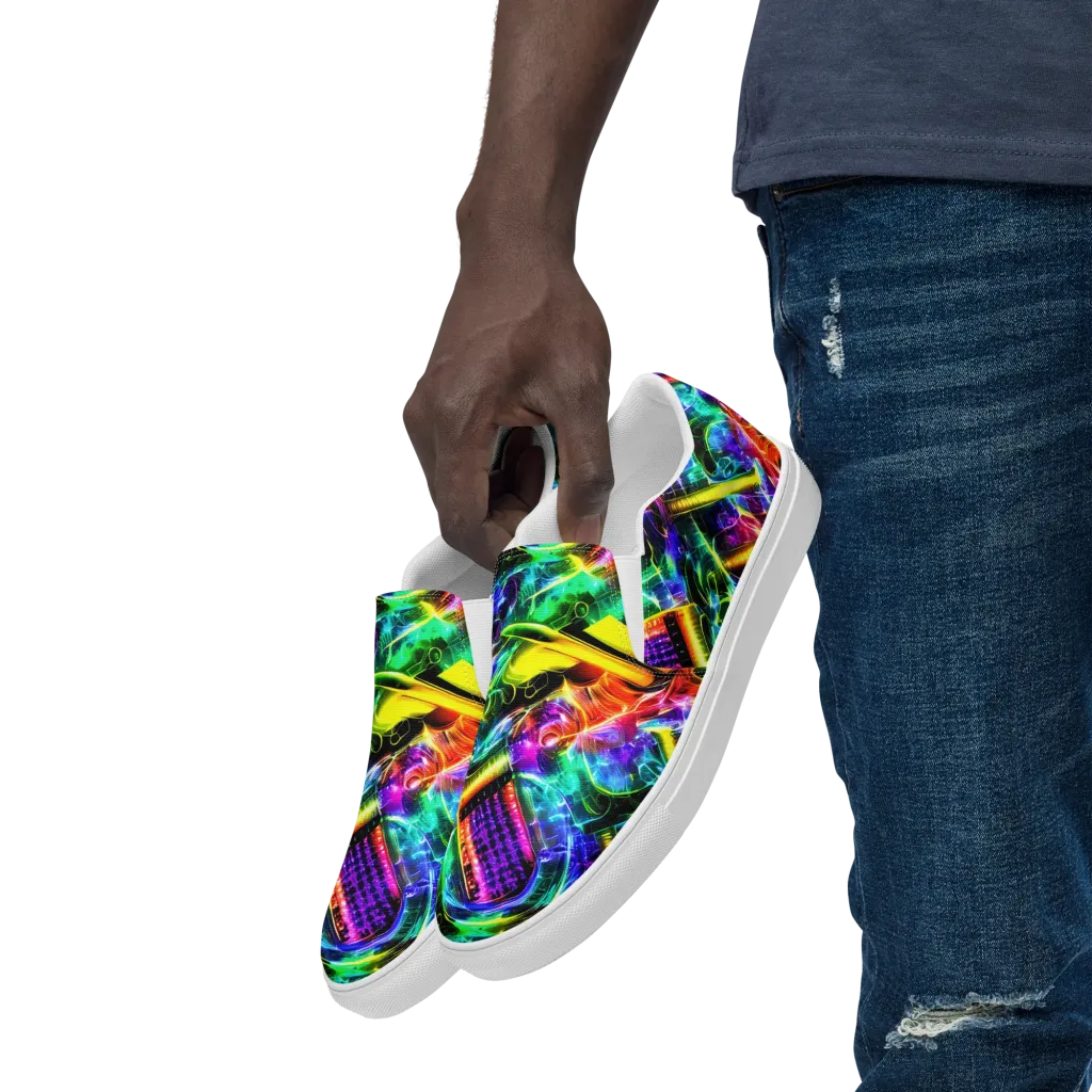Neon Racket Riot on Men's Slip-On Canvas Shoes — Left Front