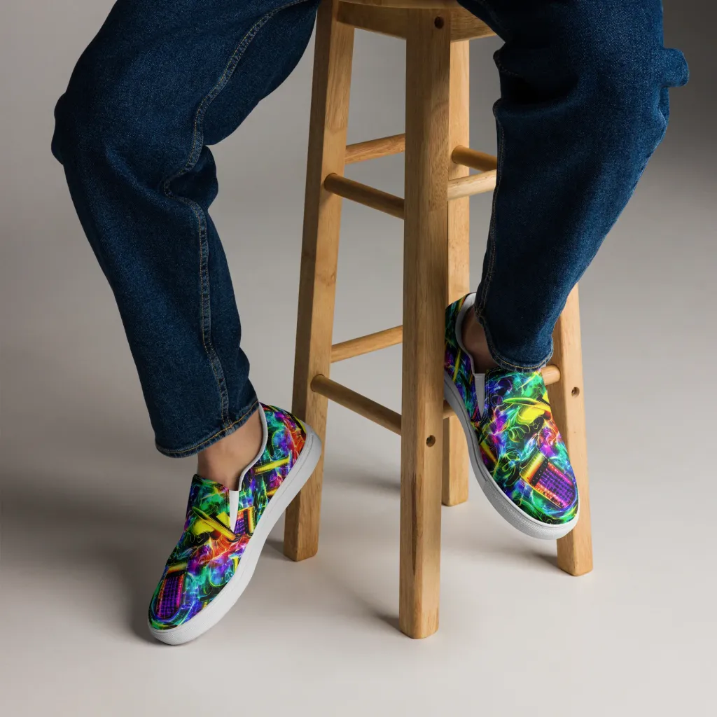 Neon Racket Riot on Men's Slip-On Canvas Shoes — Front