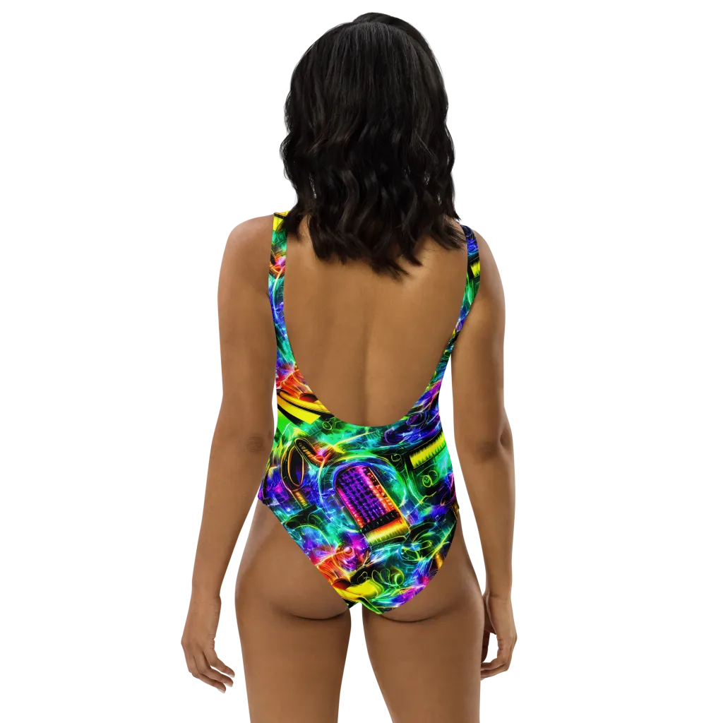 Neon Racket Riot on One-Piece Swimsuit — Back