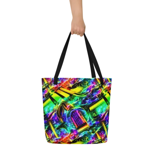 Neon Racket Riot on a Large Tote Bag W/ Pocket