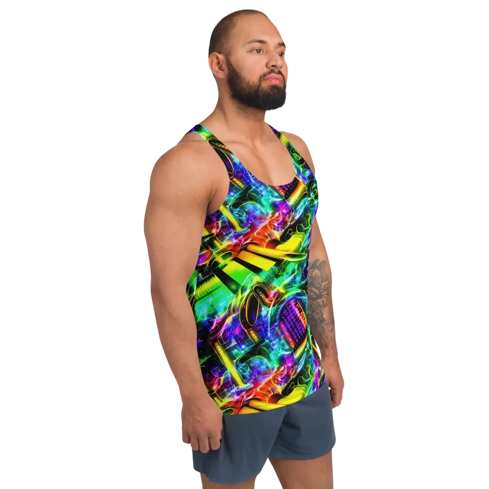Neon Racket Riot on Men's Tank Top — Right Front