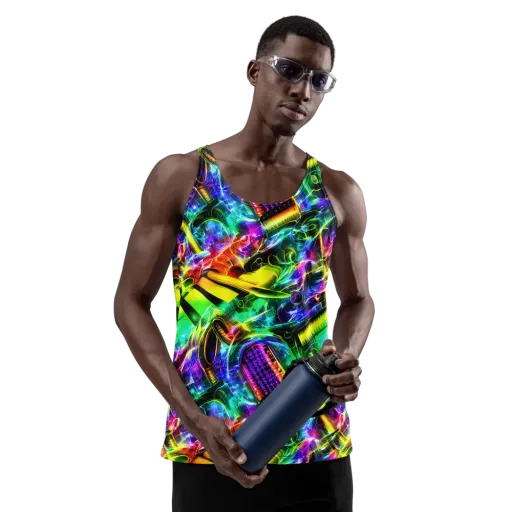 Neon Racket Riot on a Men's Tank Top