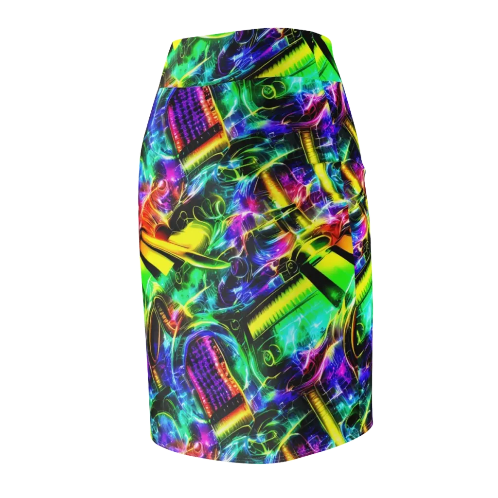Neon Racket Riot on Pencil Skirt — Back Side